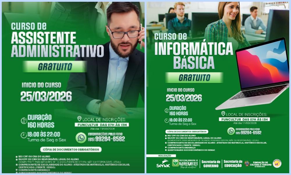 Senac Abre Cursos Gratuitos de Informática e Administração em Rosário Oeste