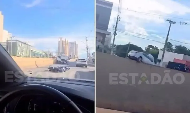 Corolla fica pendurado em trincheira após batida no trevo do Santa Rosa